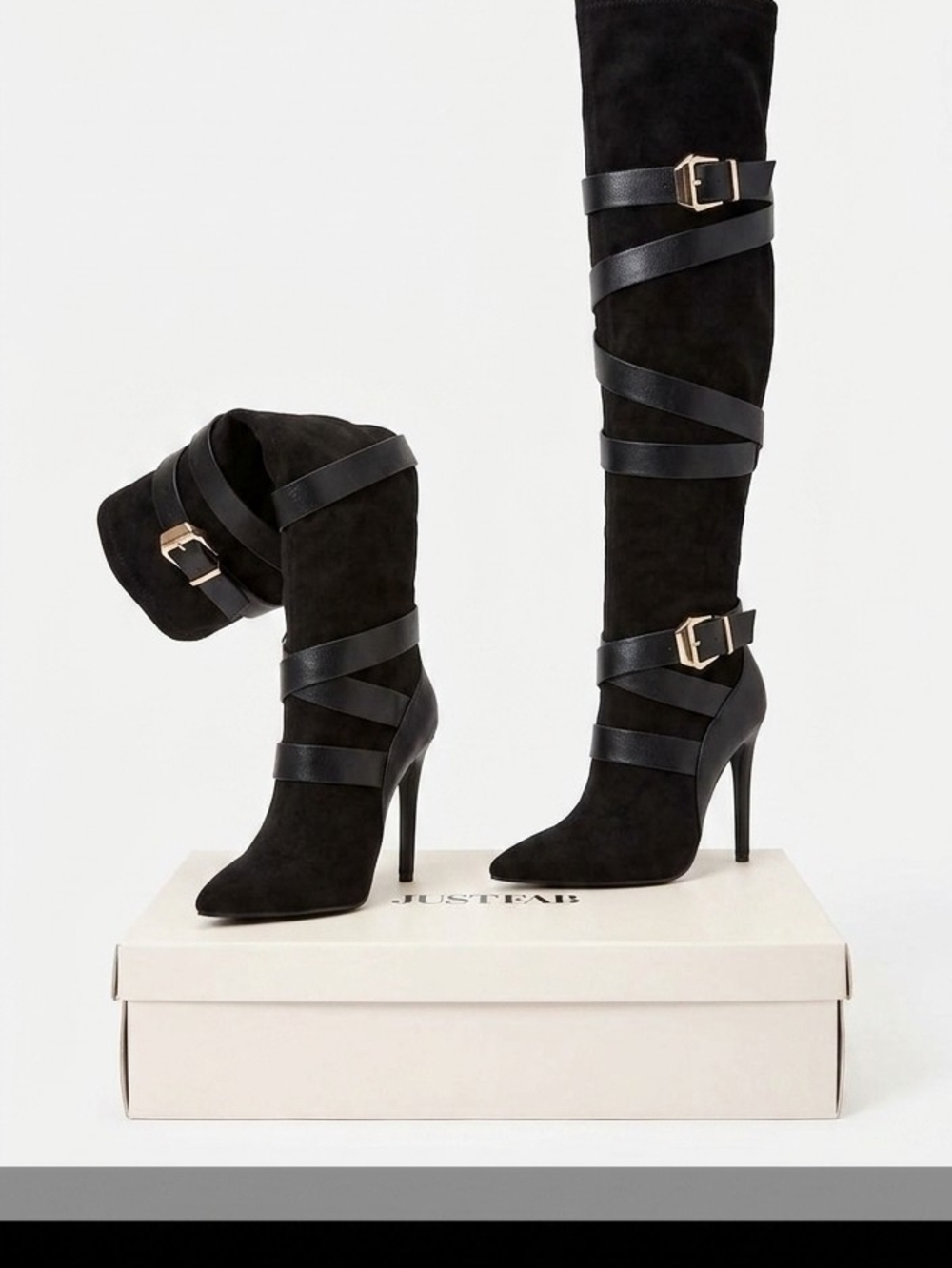 JustFab Black Over-the-Knee Suede Wrap-Strap Stiletto Boots